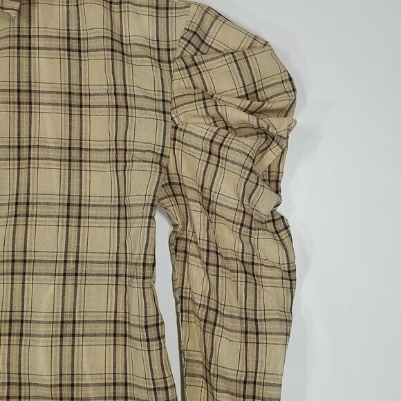 Missguided Blouse Women's Size 2 Button Up Long Puff Sleeve Plaid Tan Black - Picture 3 of 12